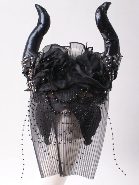 Black Horned Headpiece with Lace, Pearls & Veil