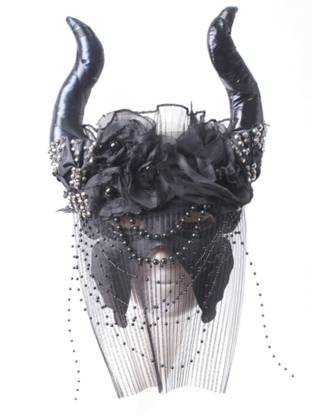 Black Horned Headpiece with Lace, Pearls & Veil