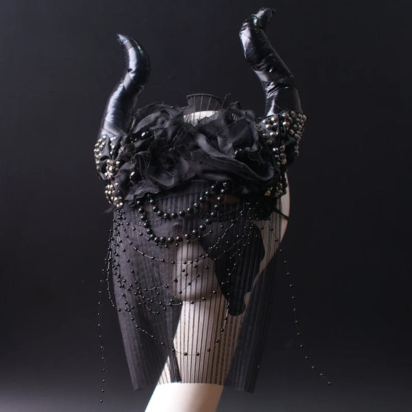 Black Horned Headpiece with Lace, Pearls & Veil