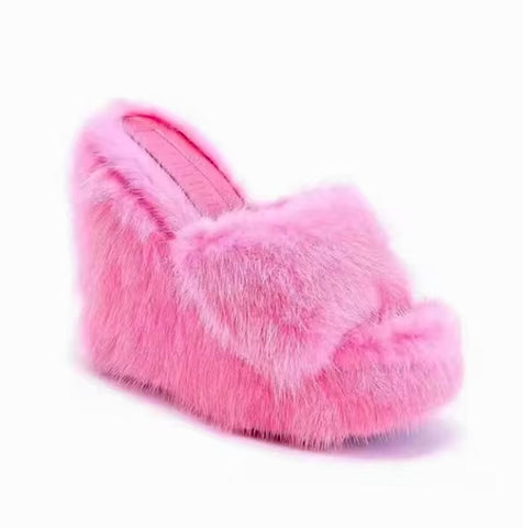 Pink Fuzzy Platform Wedge