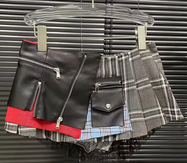 Triple Layer Plaid Leather Zipper Skirt