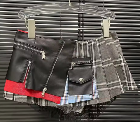 Triple Layer Plaid Leather Zipper Skirt