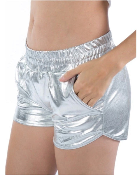 metallic silver shorts